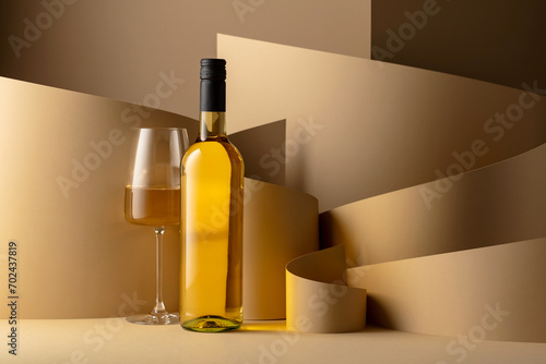 Bottle and glass of white wine on a beige background.