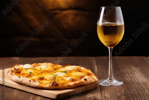 amber wine and pizza on a table in a restaurant. copy space