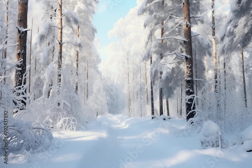 Snow-laden forest pathway inviting a tranquil winter walk, ideal for nature-themed publications. 