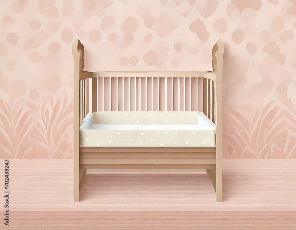 A wooden baby crib with front rail off, and pink textured background, in a cut paper collage style. Generative AI
A wooden baby crib with front rail off, and pink textured background, in a cut paper collage style. Generative AI