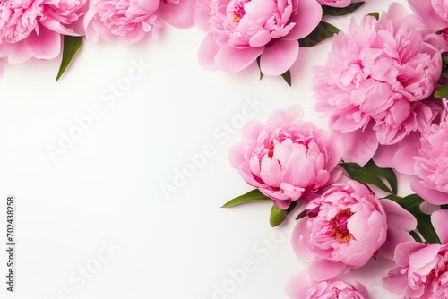 Flat lay of pink peony flowers with copyspace on white background