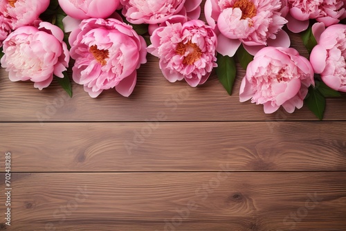 Flat lay of pink peony flowers with copyspace on wooden background © Alina