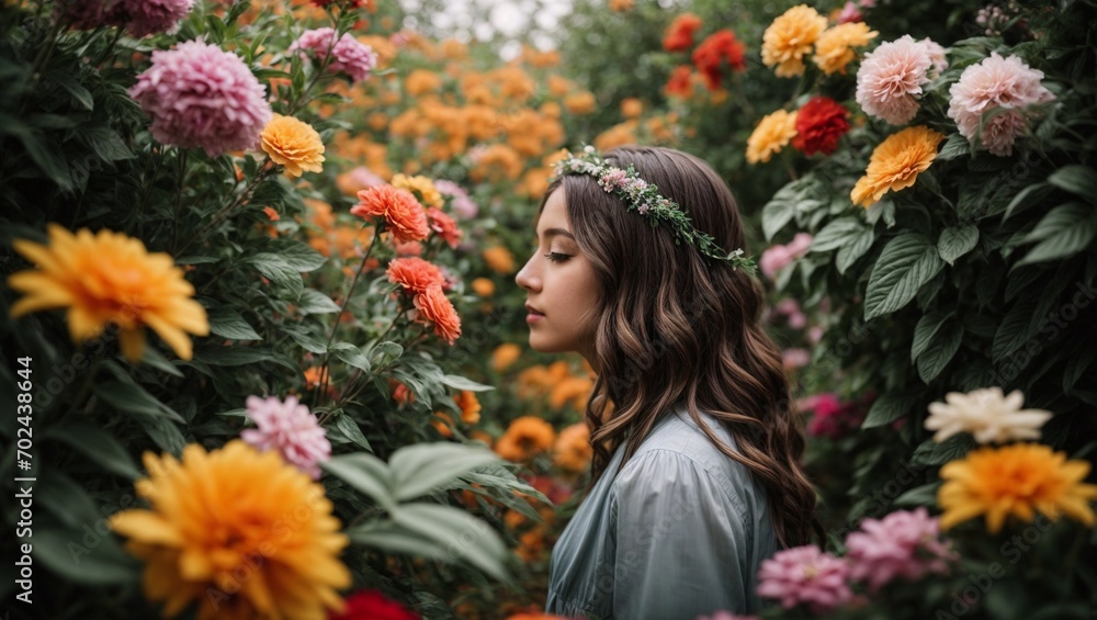 Naklejka premium Girl in flowers garden.