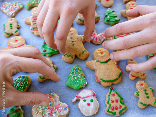 Hands taking homemade Christmas gingerbread cookies 