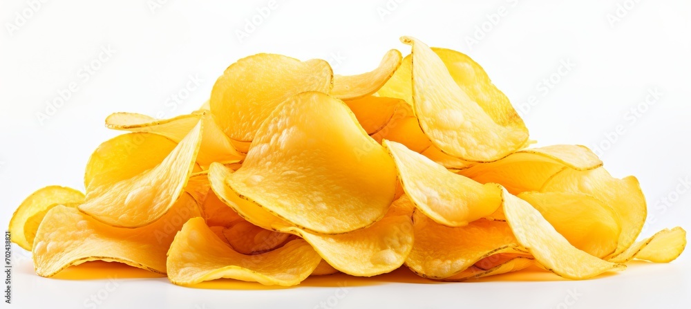 Crispy potato chips isolated on white background with space for custom text or branding