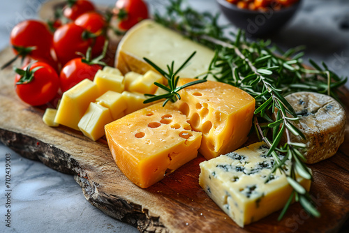 tasty gourmet cheese plate with cheddar, brie, roquefort, gorgonzola, rosemary and tomatoes on a wooden board