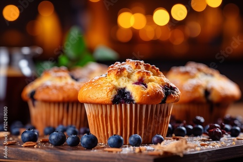 Easy homemade blueberry muffins on blurred kitchen background, perfect dessert recipe concept