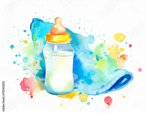 A baby milk bottle and cloth, in a colorful watercolor style. Generative AI
 photo