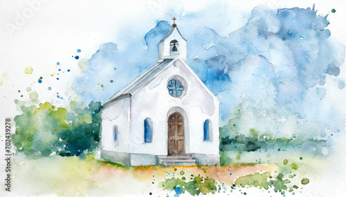 A white church with steeple, in a colorful watercolor style. Generative AI 
