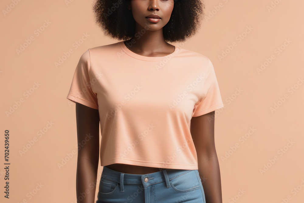 Woman in peach fuzz colored tshirt, can be used for design, mock up. The trending color of 2024. Woman in peach fuzz colored tshirt, can be used for design, mock up. The trending color of 2024.