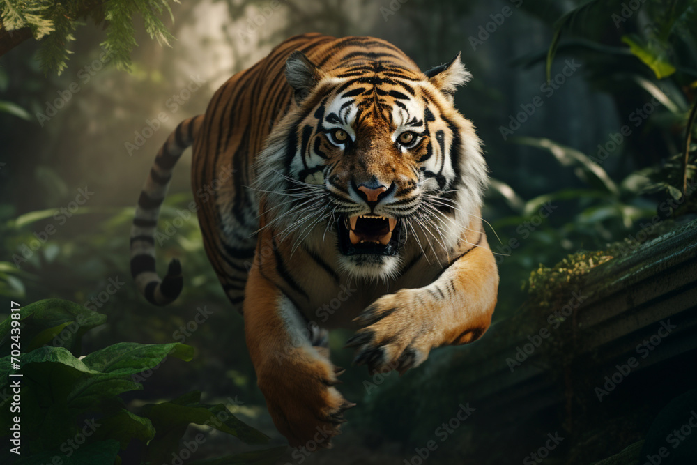 Majestic Tiger in Leap running in the jungle Majestic Tiger in Leap running in the jungle