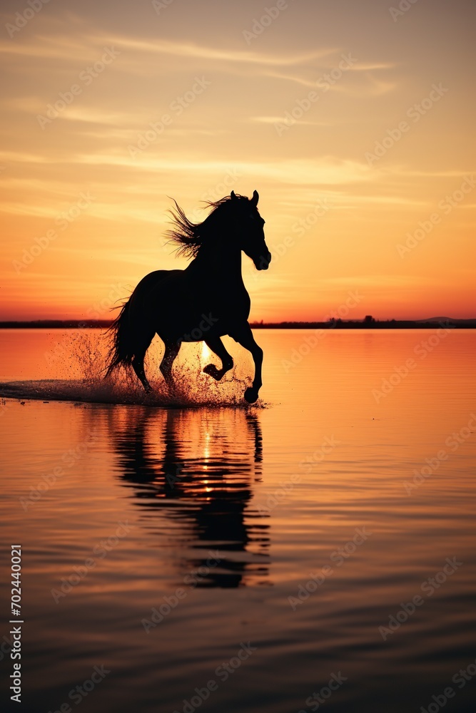 Silhouette of horse running on water with sunset sky Silhouette of horse running on water with sunset sky