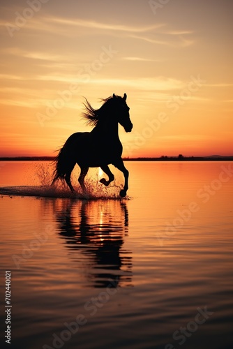 Silhouette of horse running on water with sunset sky © Alina