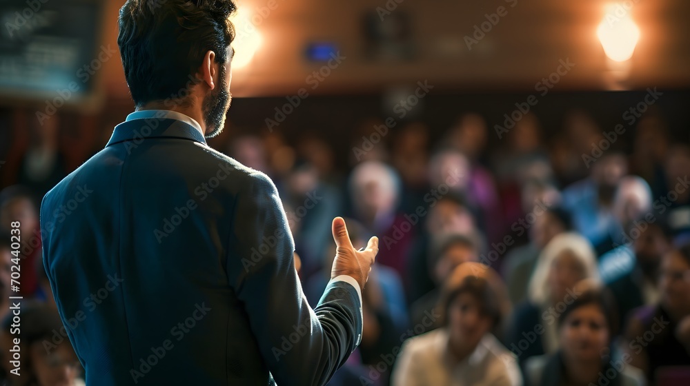Speaker giving a speech at a business conference seminar - obrazy, fototapety, plakaty 