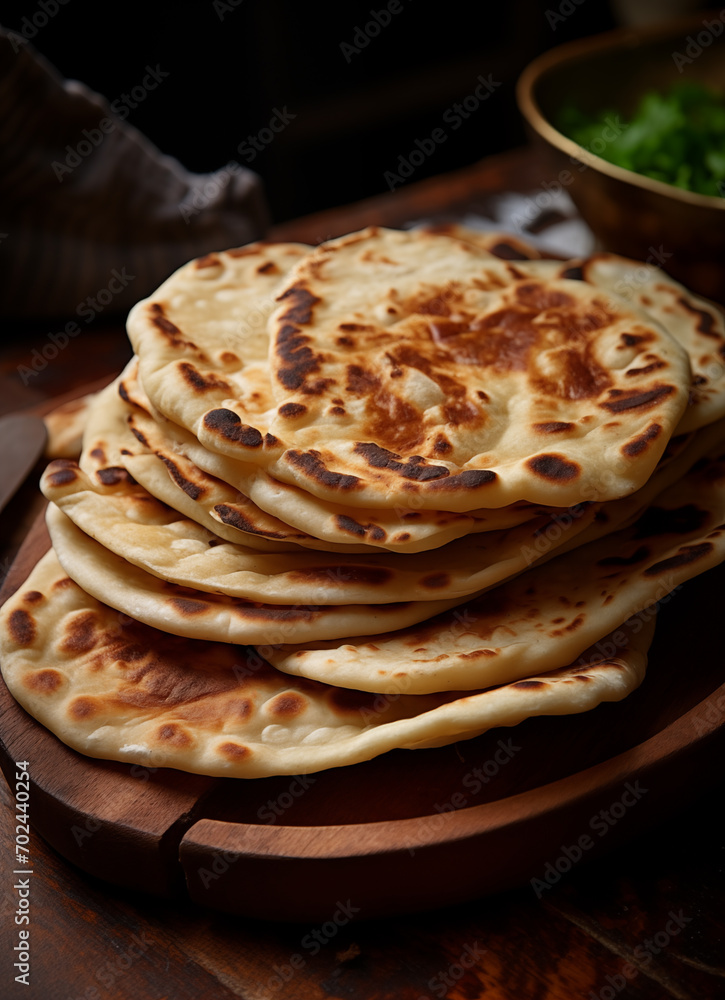 Traditional flatbread on a rustic plate and table Traditional flatbread on a rustic plate and table