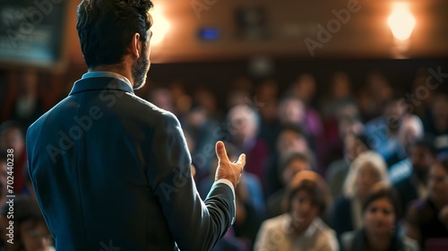 Speaker giving a speech at a business conference seminar photo