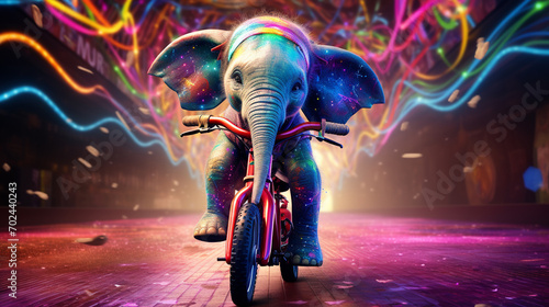 baby elephant covered in glitter, bicycle pump track backgroundduring the day, bight neon colors, pixar 