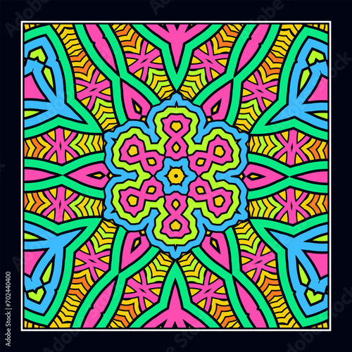 An original ornament for a square scarf, tablecloth, wall panel or any other decorative object. Contrasting color palette. Version No. 3. Vector illustration
