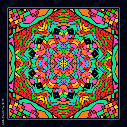 An original ornament for a square scarf, tablecloth, wall panel or any other decorative object. Contrasting color palette. Version No. 2. Vector illustration