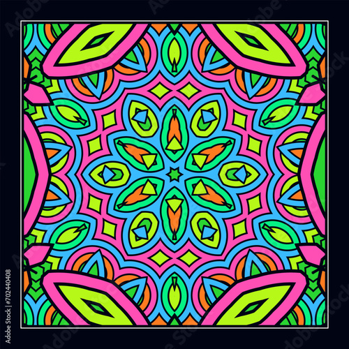 An original ornament for a square scarf, tablecloth, wall panel or any other decorative object. Contrasting color palette. Version No. 4. Vector illustration
