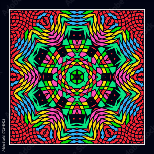 An original ornament for a square scarf, tablecloth, wall panel or any other decorative object. Contrasting color palette. Version No. 7. Vector illustration