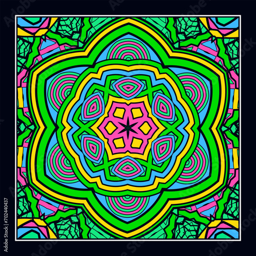 An original ornament for a square scarf, tablecloth, wall panel or any other decorative object. Contrasting color palette. Version No. 6. Vector illustration