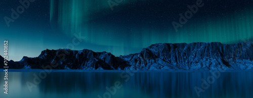 Majestic Sky with Aurora and Stars. Blue Northern Lights Banner with copy-space. photo