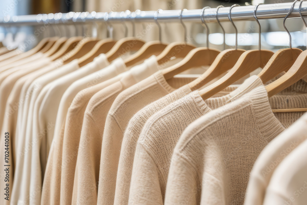 Fototapeta premium Pastel beige sweaters on hangers in a store.