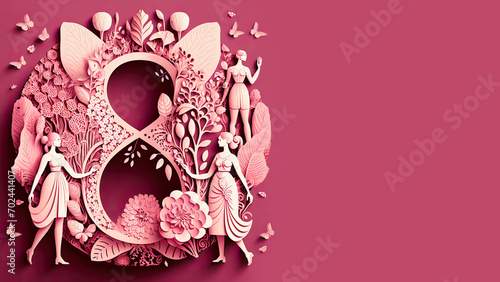 Pink Floral Background to Celebrate International Woman's Day. Elegant Paper Cut Design with Number 8, Butterflies and copy-space. Generative AI photo