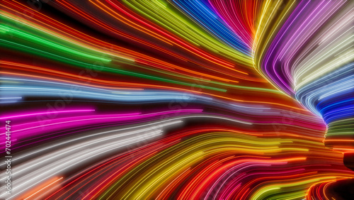 Colorful Neon Lines Tunnel with Orange, Pink and Green Swirls. 3D Render.