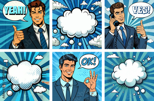 comics style pop art tons bleu hommes dans différentes situations et avec différentes émotions : pouce en l'air, super, "Ok", nuages vierges blancs, 6 bulles de bande dessinée, BD, "Yes", "Yeah"