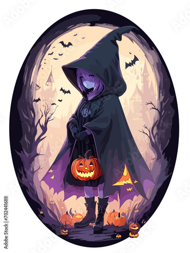 KI Halloween T-Shirt designe, kleine Hexe mit Kapuze 