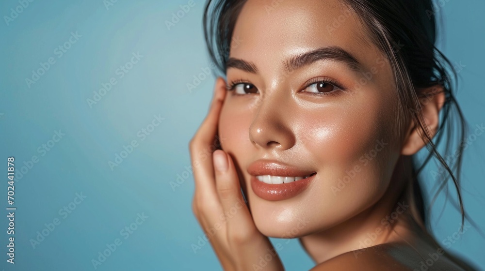 Skin care. Woman with beauty face touching healthy facial skin portrait. Beautiful smiling asian girl model with natural makeup touching glowing hydrated skin on blue background closeup - obrazy, fototapety, plakaty 