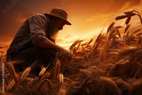 Farmer is collecting wheat from the field
