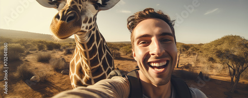 Smiling man with girafe taking selfie. © Alena