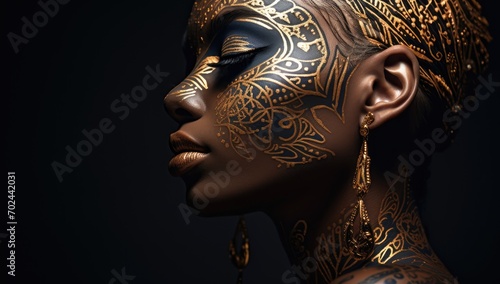 Black woman wearing eyelashes and tattoos with gold paint on face