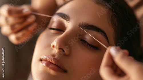A woman receiving an expert eyebrow threading service, woman undergoing beauty treatments, blurred background, with copy space photo