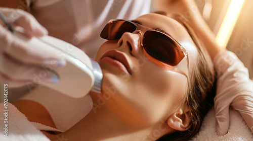 A woman undergoing a laser hair removal procedure, woman undergoing beauty treatments, blurred background, with copy space photo