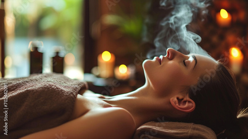 A woman experiencing a relaxing aromatherapy session, woman undergoing beauty treatments, blurred background, with copy space