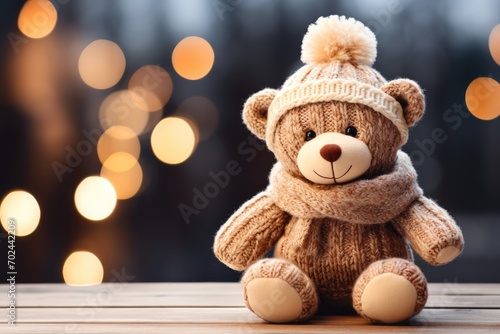 Brown teddy bear wearing a winter sweater sits on a wooden background
