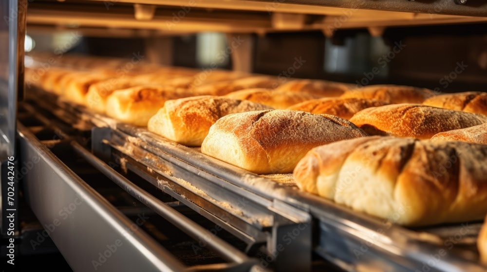 Freshly baked breads on the conveyor belt 