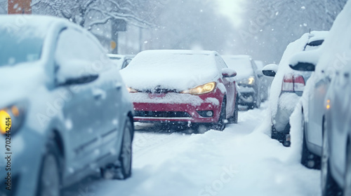 Cars covered with snow on the road in a snowy winter blizzard day photo