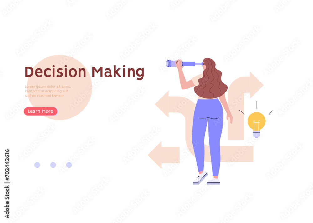 Fototapeta premium Decision making concept with choose different way. Student or employee choose career path. Various business ways. Difficult choice. Vector illustration in flat cartoon design for web banner, UI