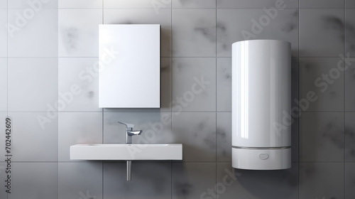 Closeup water heater in a modern bathroom with mirror and washbasin sink photo