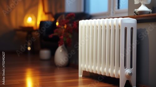 White house heater radiator on the wall of a cozy living room