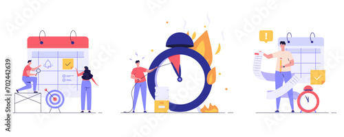 Planning schedule, deadline event and calendar set. People with schedule in stress organize meeting. Planning strategy and time management. Vector illustration in flat cartoon design for web banner UI