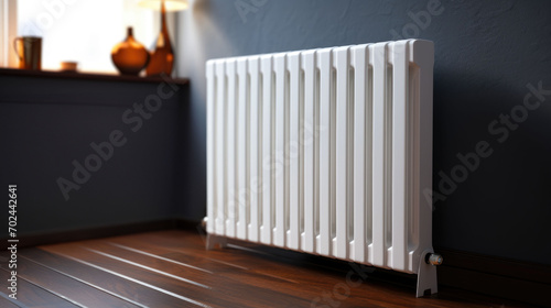 White house heater radiator on the wall of a cozy living room