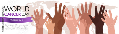 World Cancer Day. Long horizontal banner with Diverse hands, purple ribbon, and space for text. Vector flat illustration.