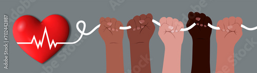 Heart Health. Diverse people's hands hold a heartbeat line. Vector flat illustration
