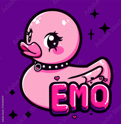 Pink rubber duck with choker on purple background with text-slogan "emo". Y2K punk design for a t-shirt, poster or cover.
